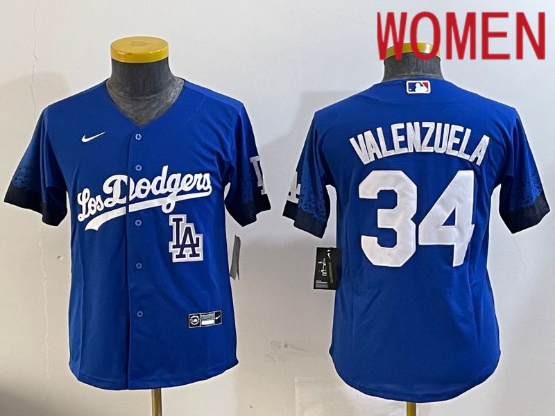 Women Los Angeles Dodgers 34 Valenzuela 2024 blue jersey 202411206